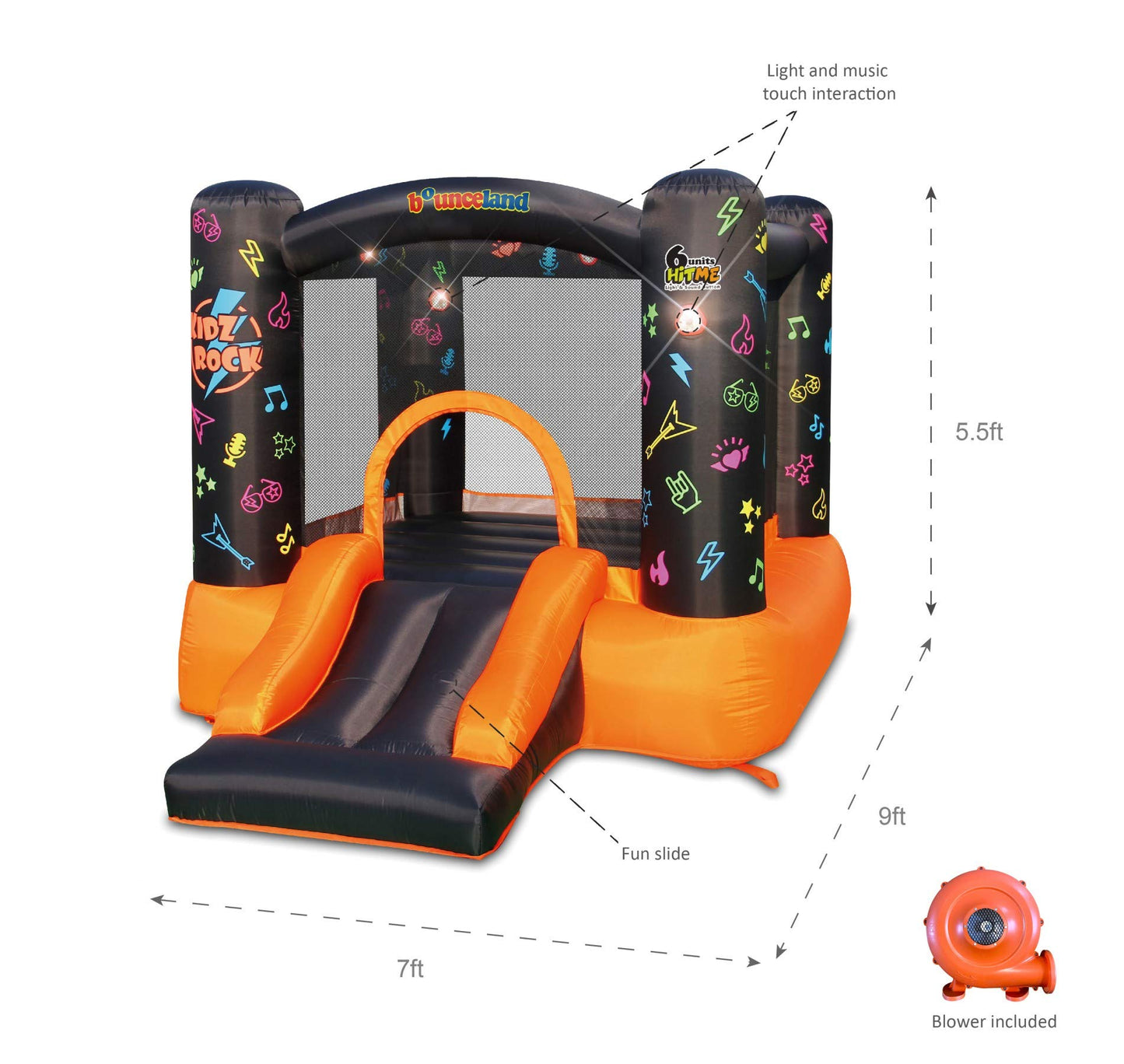Bounceland Kidz Rock Bounce House - Inflatable Bouncer with Music & Lights, 9ft L x 7ft W x 5.5ft H, Orange & Black, Model