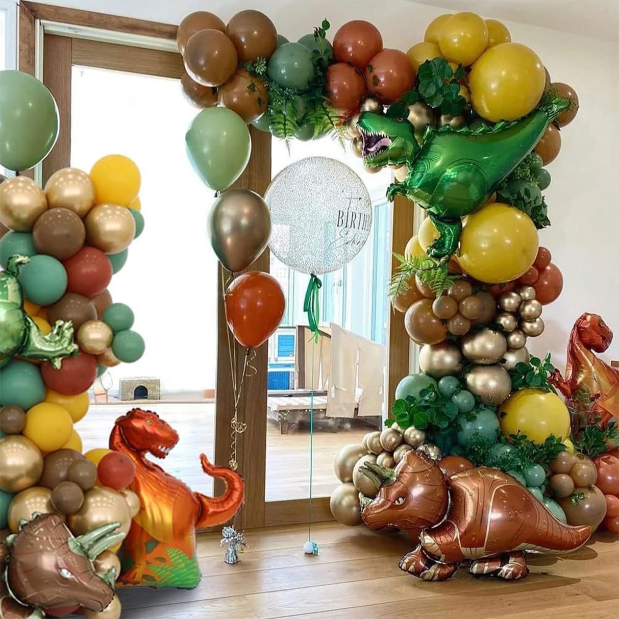 Dinosaur Balloon Arch, Dinosaur Balloon Garland Kit, Retro Green Orange Brown Balloons With Dinosaur Foil Balloon For Kids Dinos