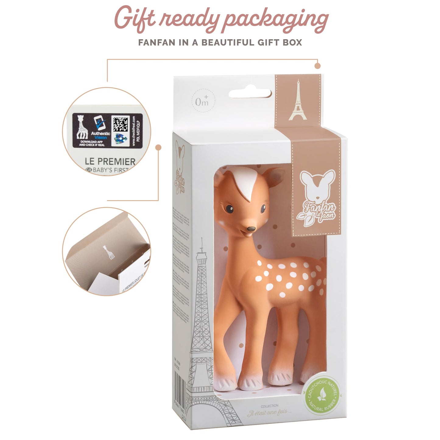 Sophie la girafe Fanfan The Fawn Teether - Natural Rubber, Designed for Teething Babies, Easy to Clean, Model 616341
