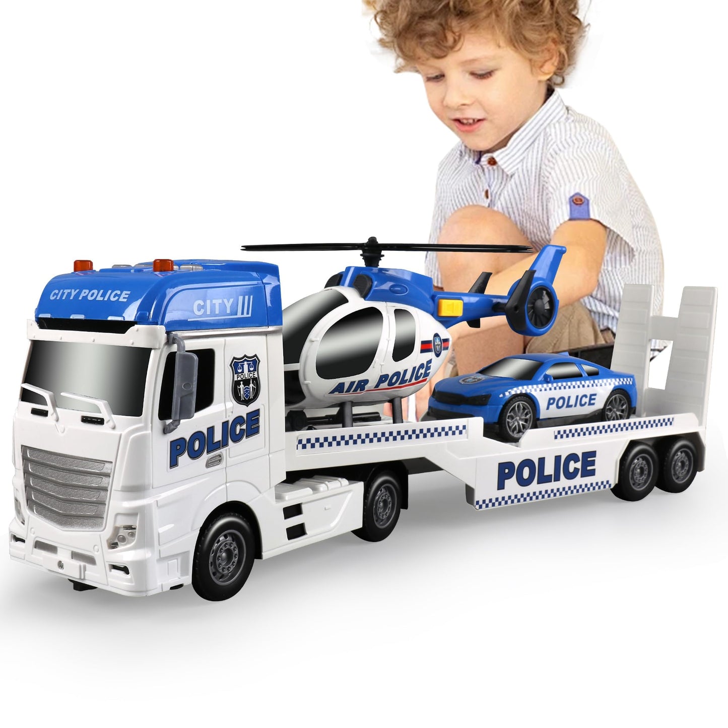 Dwi Dowellin 25" Semi Truck Toy Set with Racing Car & Helicopter, White, Kids Toys for 3-6 Years Old, Model 666-66F