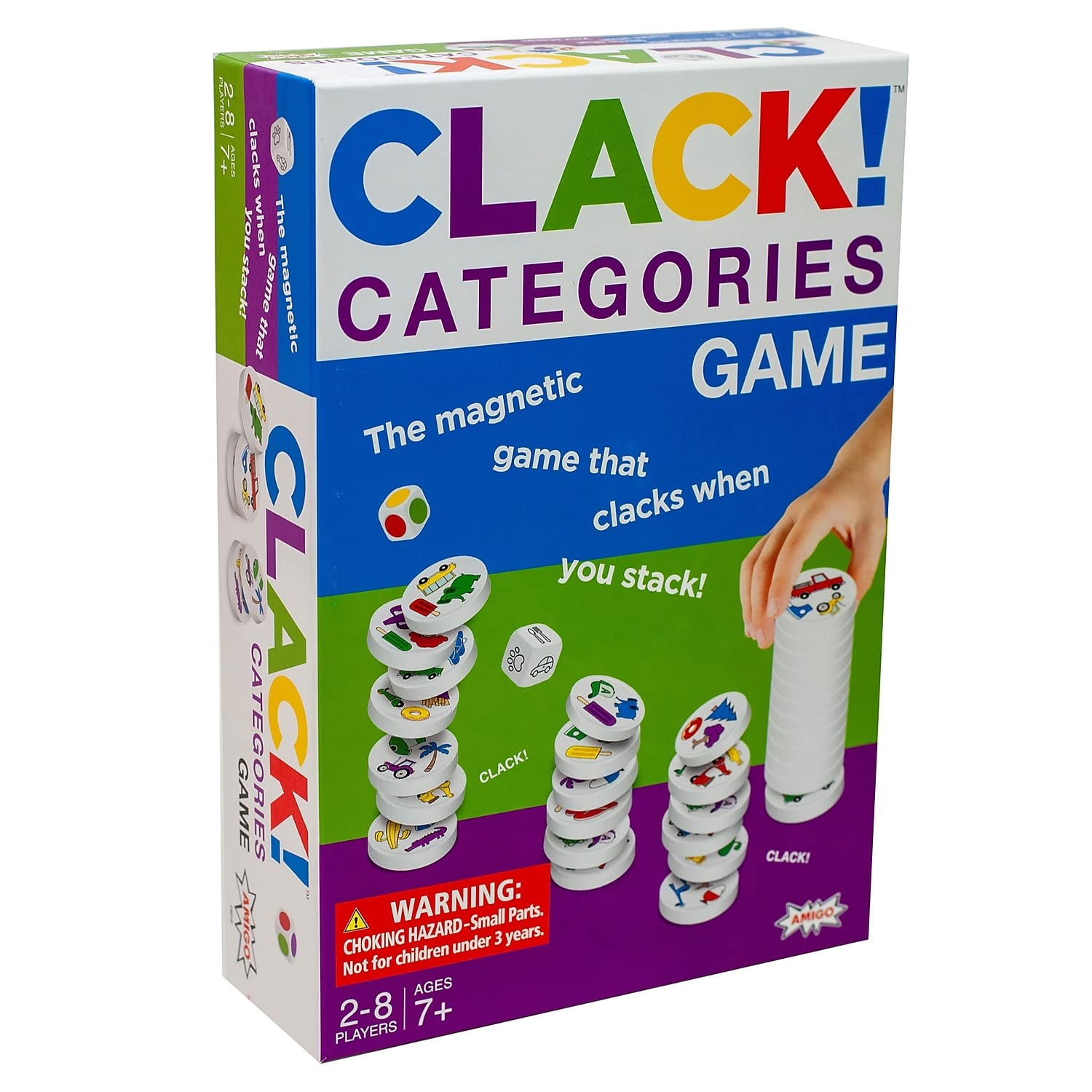 Amigo Games Clack! Categories - The Magnetic Stacking Game That Clacks When You Stack - Roll The Dice, Match The Color & Shape, 