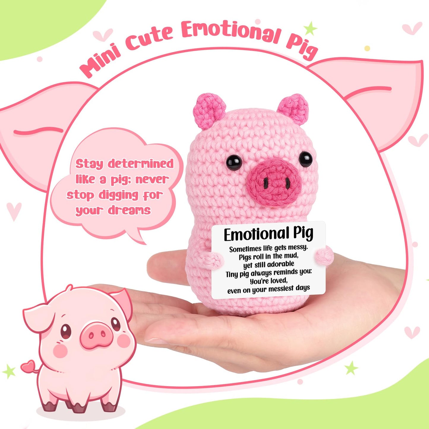 GevGuxLuo Positive Crochet Pink Pig - Handmade Cotton Gift with Affirmation Cards for Women, Friends, Sisters, Daughters, Teens