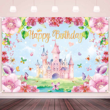 LDWLYW Princess Birthday Backdrop for Girls Pink Princess Castle Happy Birthday Banner Backdrop for Kids Royal Castle Butterfly 