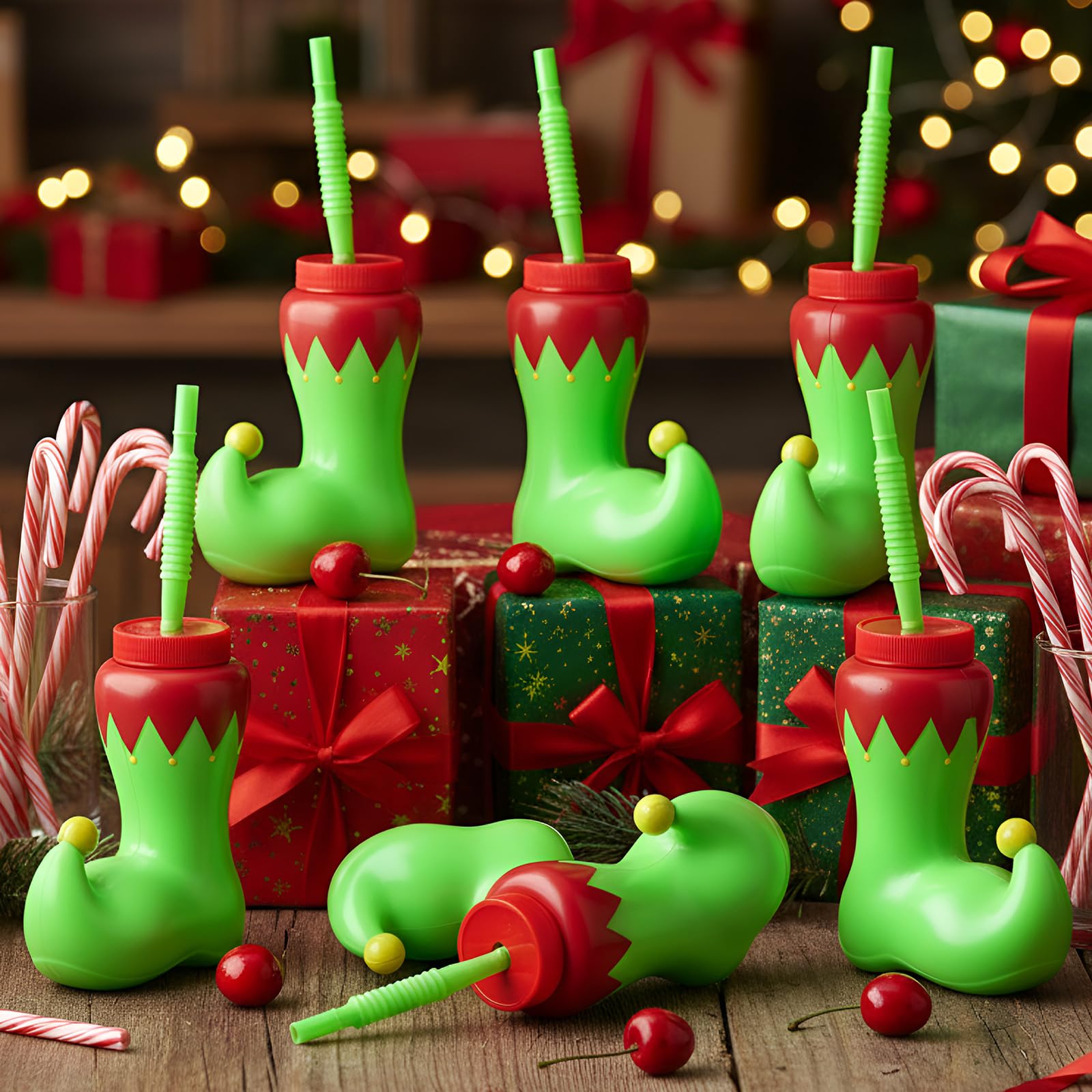 Hoolerry 12 Pack Christmas Elf Boot Cups with Lids and Straws Bulk 10 oz Santa Elf Boot Plastic Cups for Kids Novelty Party Supp