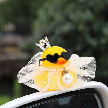 wonuu Rubber Duck Car Dashboard Decoration  Duck Car Ornament Cute Car Accessories with Mini Crown Dress Pearl Necklace Glasses  White Starry Skirt