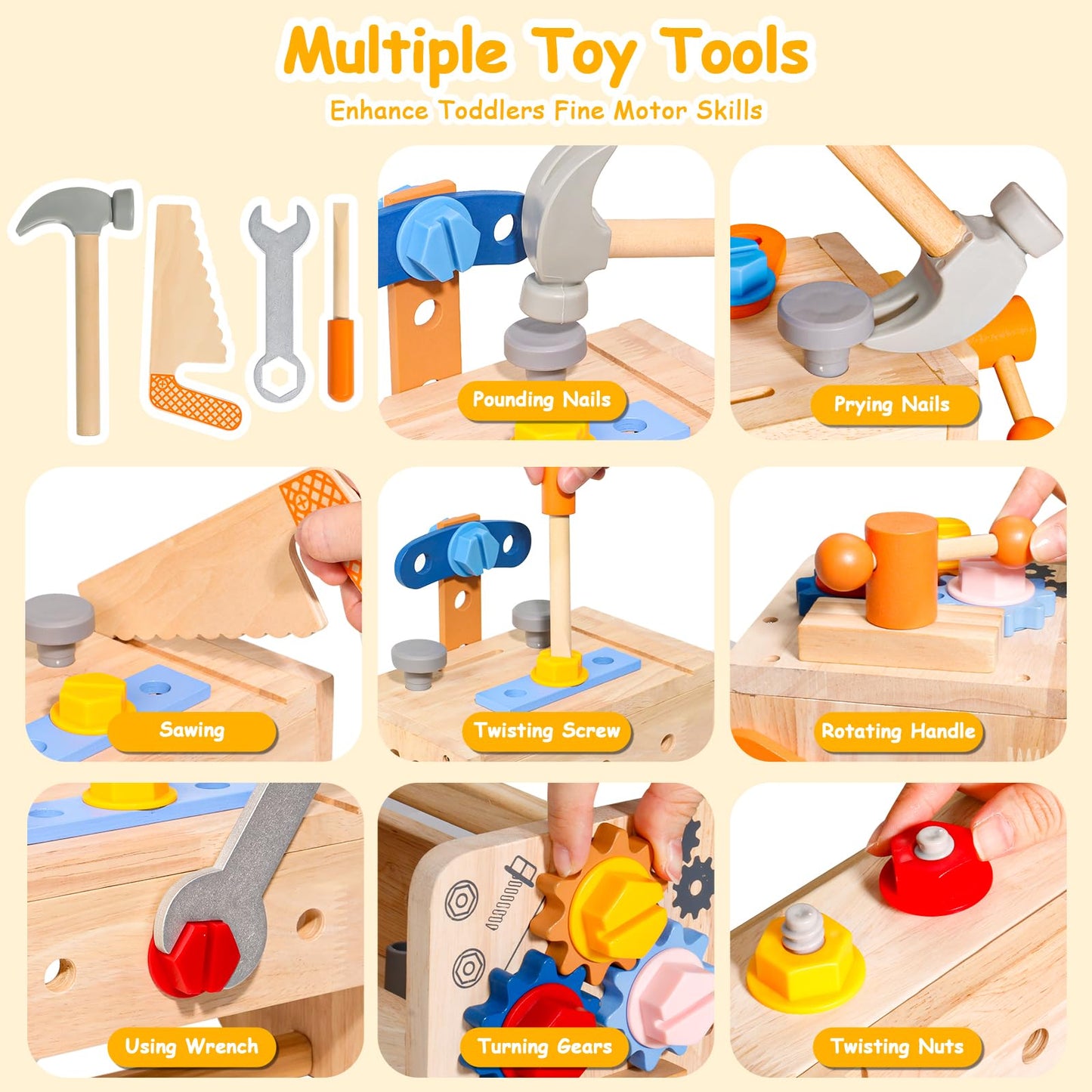 TONZE Kids Tool Set with Apron, Wooden Toddler Tool Bench Montessori Toys for 3 4 Year Old, 39 PCS Educational STEM Construction