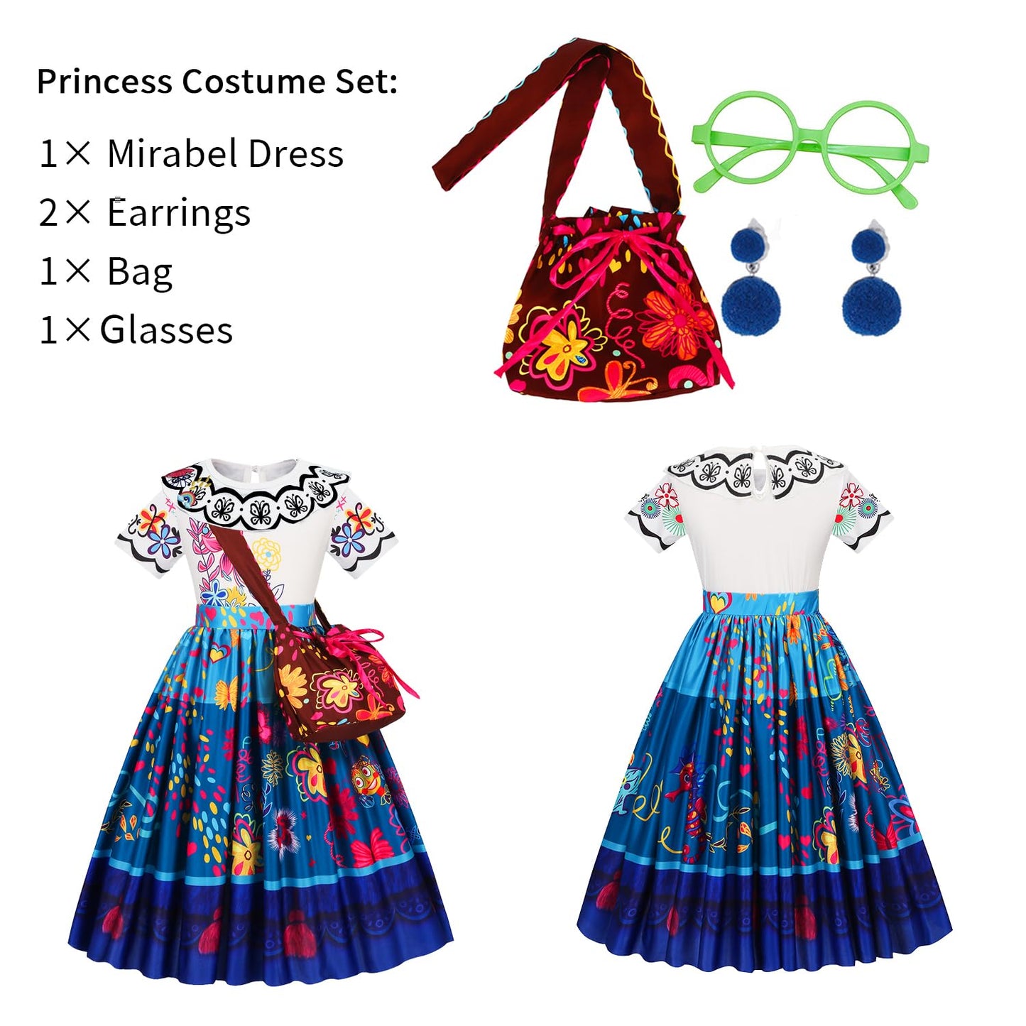 Foierp Mirabel Dress For Kids Encanto Costume For Toddler Birthday Party Cosplay Dress Up Clothes With Bag Glasses Earrings