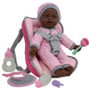 African American Doll Travel Playset - Baby Doll Car Seat Carrier Backpack With 12 Inch Soft Body Doll Includes Doll Bottles And Toy Accessories … (African American)