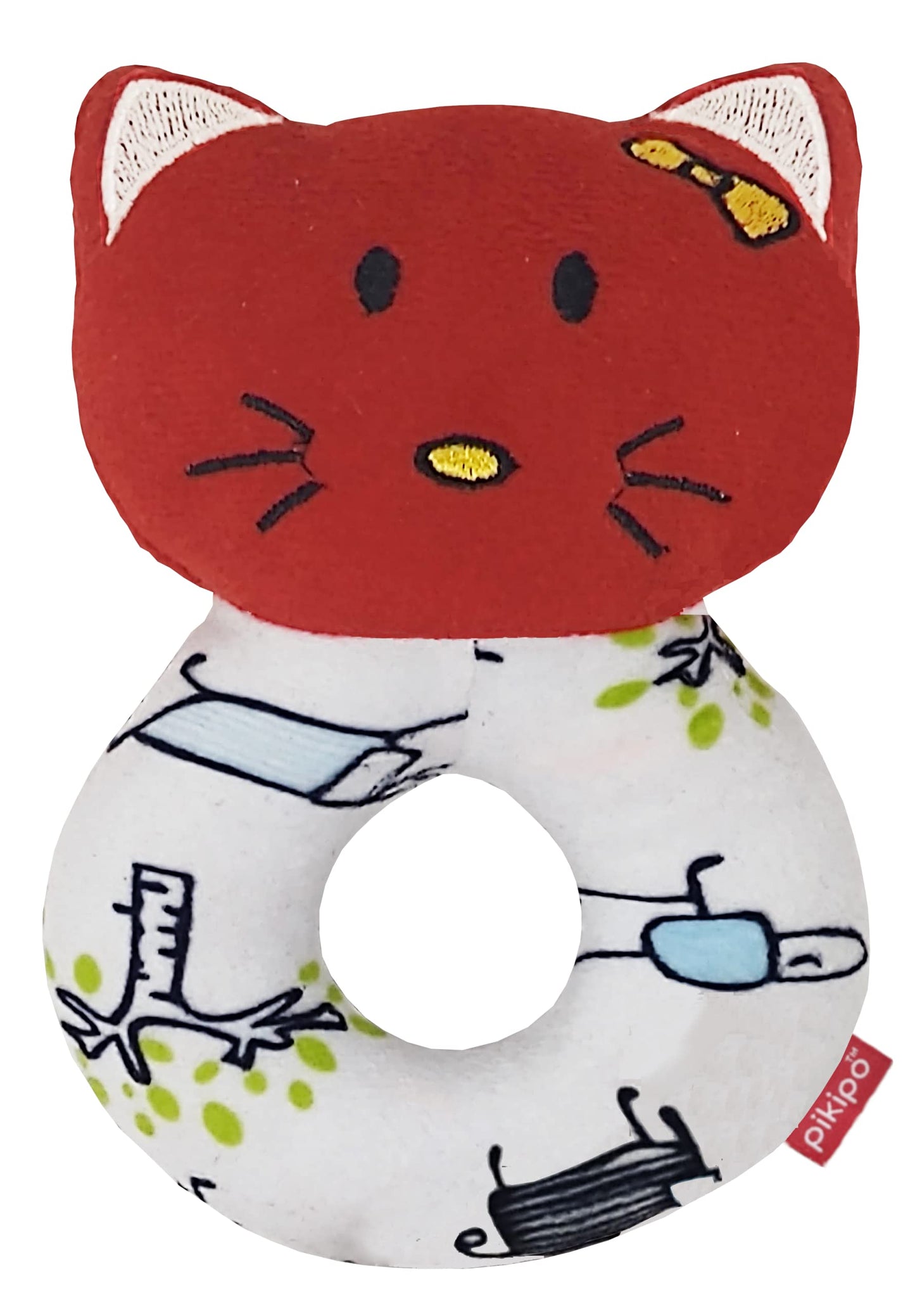 Pikipo Plush Kitty Face Rattle Soft Toy With Round Handle (Red) - Toddlers