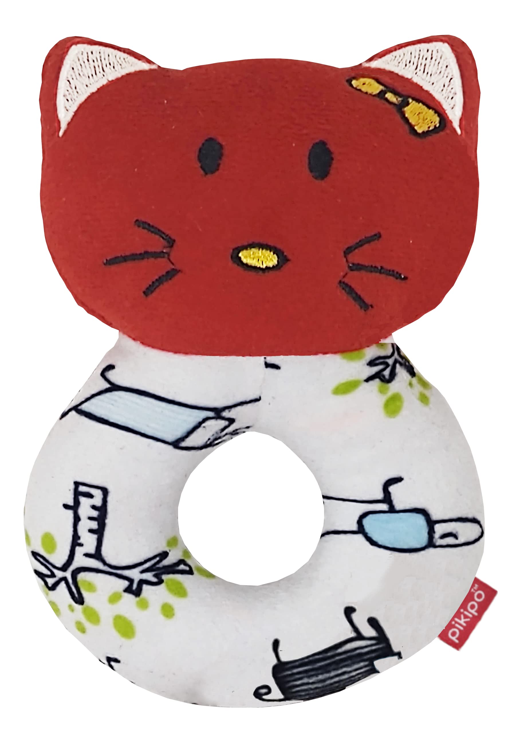 Pikipo Plush Kitty Face Rattle Soft Toy With Round Handle (Red) - Toddlers