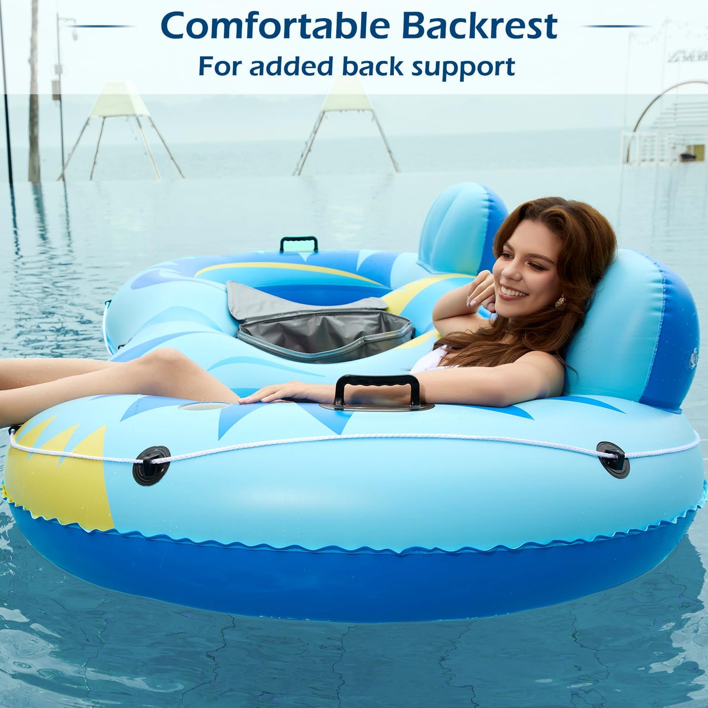 Jasonwell Inflatable River Tube Float - 2 Person Heavy Duty Pool Float, X-Large, Vinyl, Skyblue with Removable Cooler & 2 Cup Holders