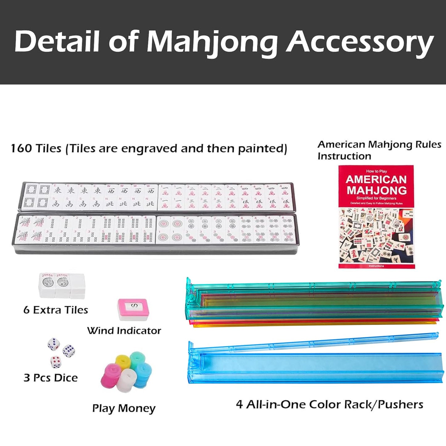 Gustaria American Mahjong Game Set, 166 Quality White Tiles, 4 All-In-One Color Rack/Pushers, Complete Mahongg Tile Set Black Printed Carrying Bag