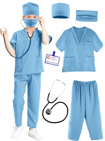 Puteraya Kids Doctor Scrubs Costume Set Doctor Surgical Suit Uniform For Boys Girls Dress Up Halloween Cosplay (Light Blue, 4-5