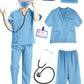 Puteraya Kids Doctor Scrubs Costume Set Doctor Surgical Suit Uniform For Boys Girls Dress Up Halloween Cosplay (Light Blue, 10-1
