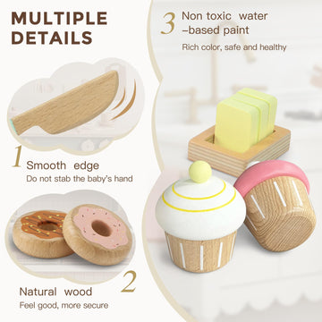 17 PCS Wooden Bakery Toy Food Playset for Kids, Pretend Picnic Play Food for Toddlers 3+, Play Kitchen Accessories with Shopping