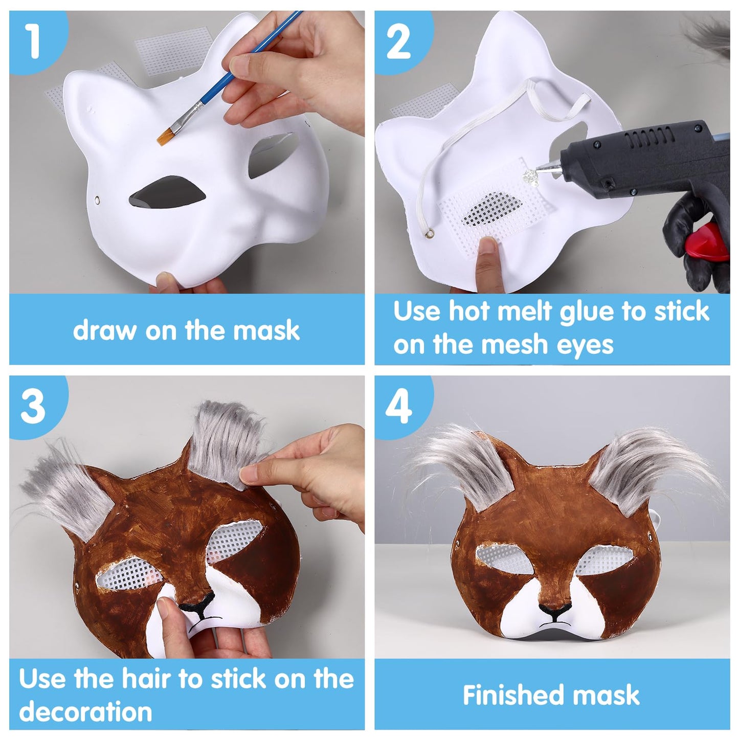 Draupnir 10Pcs Cat Mask Therian Mask Fox Mask with Fur and Eye Mesh, DIY Blank White Paper Cat Face Mask to Paint, Cat Nask Ther