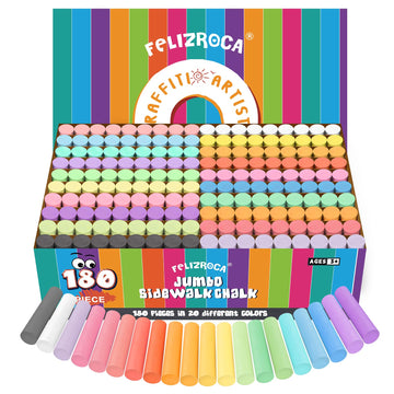 Felizroca 180Pcs Sidewalk Chalks Set In 20 Colors, Washable Coloured Chalk, Pavement Chalk, Jumbo Chalk Toddler, Non-Toxic Chalks, Outdoor Chalks For Kids