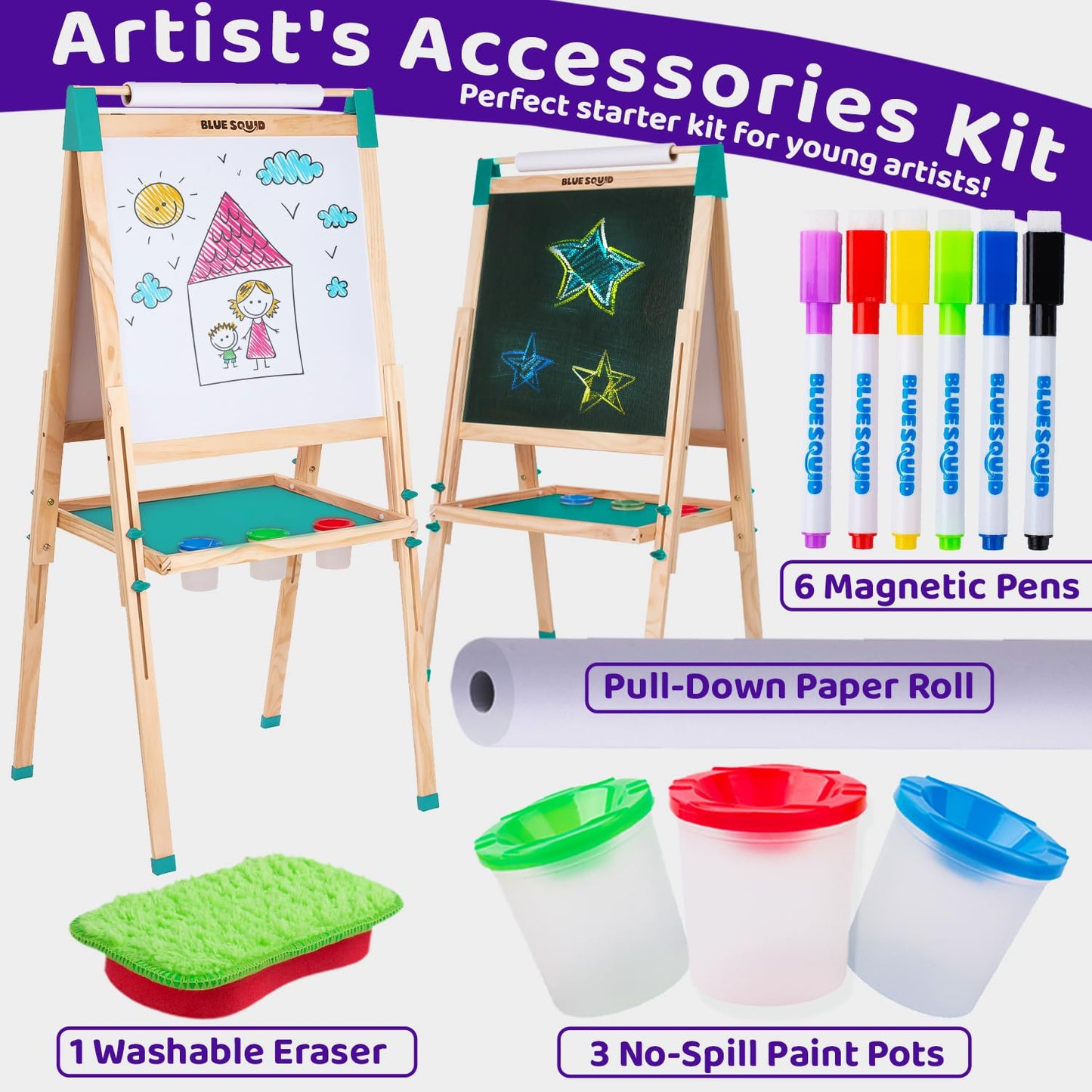 Blue Squid Art Easel for Kids Including 100+ Accessories - Double Sided Adjustable Wooden Painting Easel with Magnetic Chalk Boa
