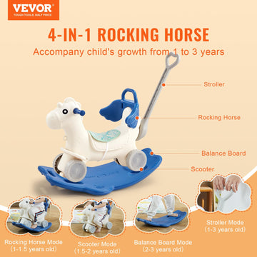 Vevor 4 In 1 Rocking Horse For Toddlers 1-3 Years, Baby Rocking Horse With Detachable Balance Board, Push Handle And 4 Smooth Wheels, Support Up To Hdpe 80 Lbs Kids Ride On Toy With Sound, Blue