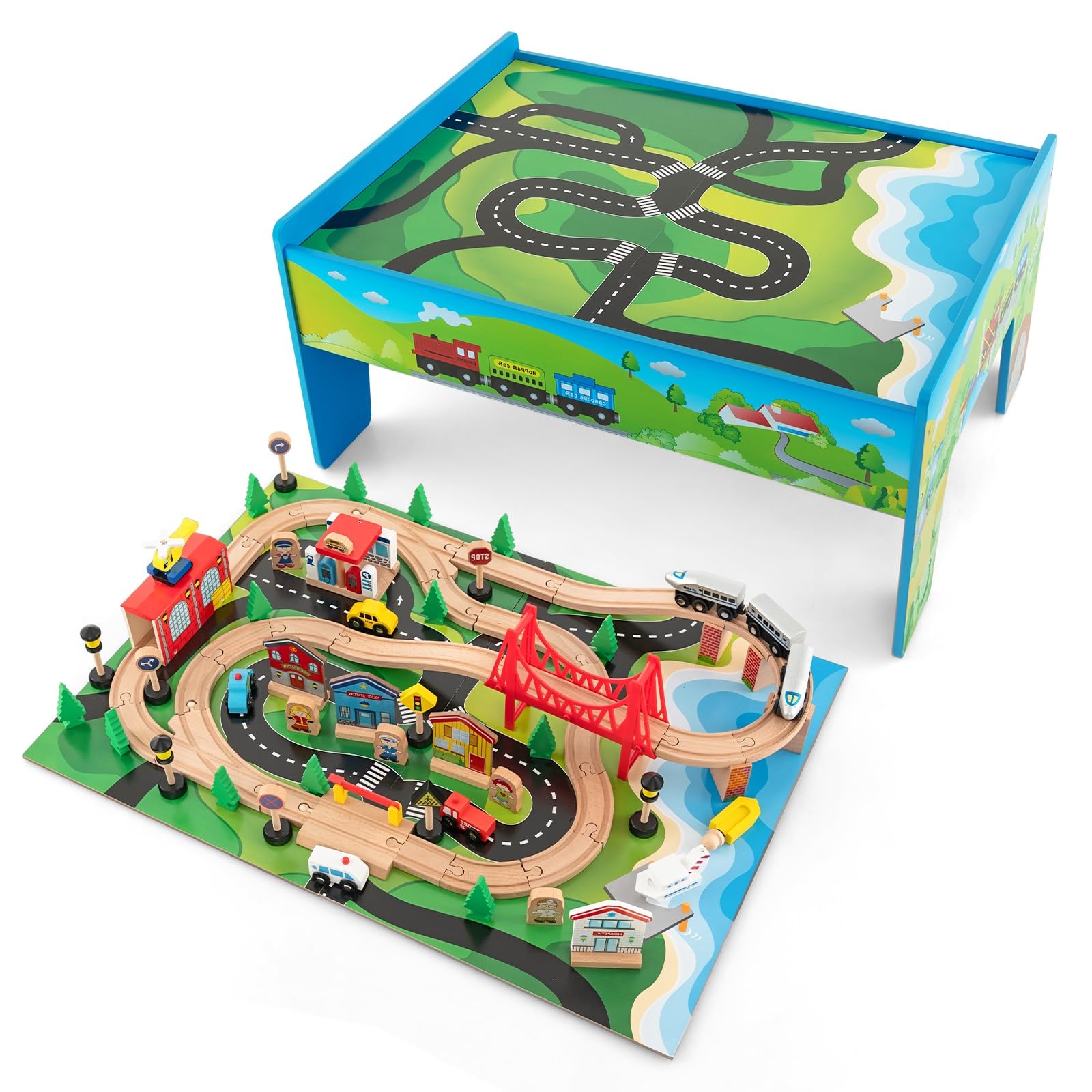 GLACER 80-Piece Train Table, Large Multipurpose Wooden Toy Activity Table Playset with Reversible Detachable Tabletop, Railway T