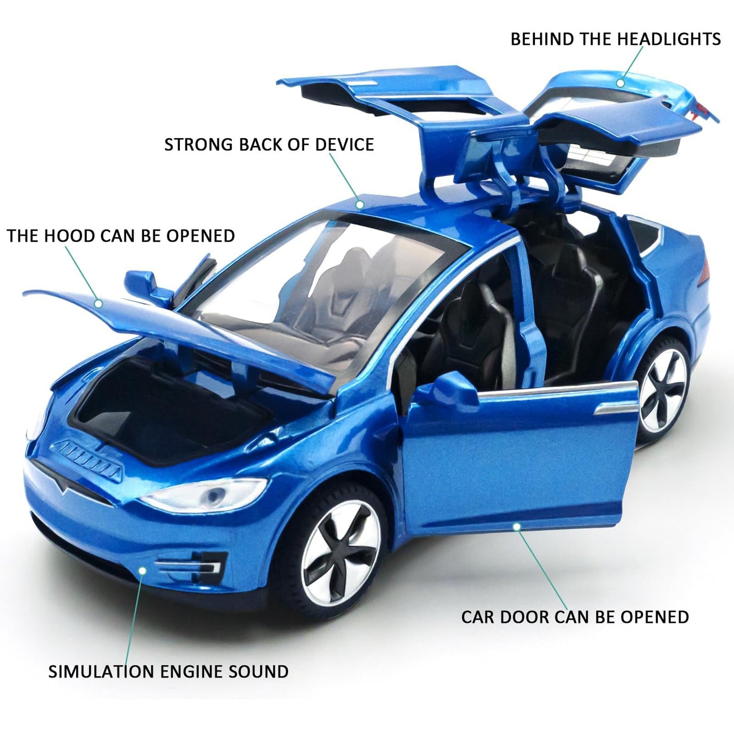 1:32 Model X Alloy Diecast Pull Back Toy Car With Open Doors, Lights And Music, Mini Vehicles Toys For Kids & Collectors (Blue)