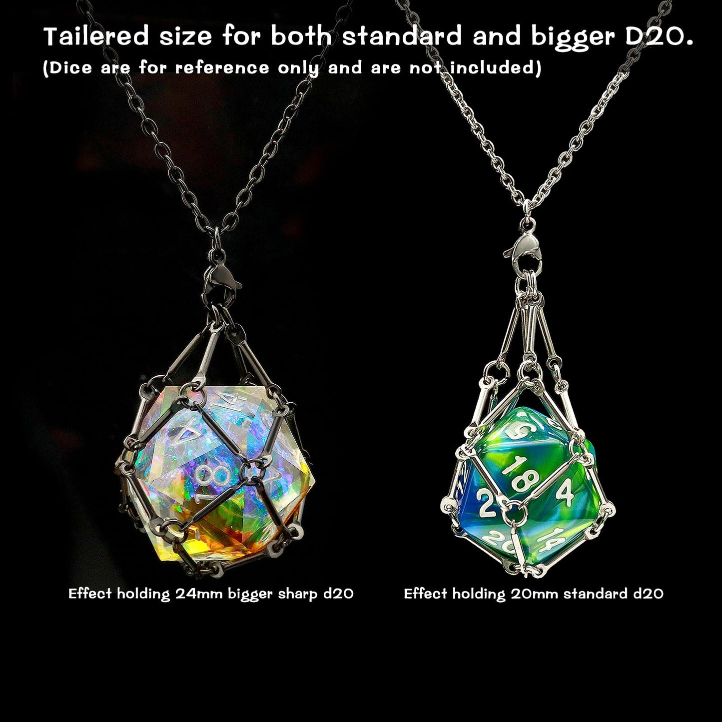 PJOY DND Dice Necklace Dice Cage for Interchangeable D20 Dice Dungeons and Dragons Gamers DND Gifts-Silver Black
