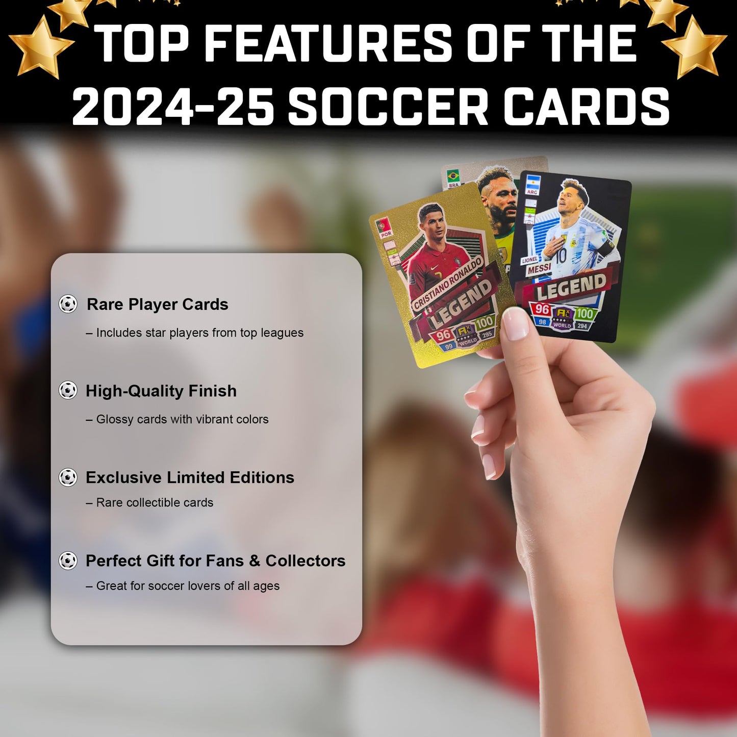 Soccer Trading Cards 2024-25 | 3 Packs - 33 Collectible Football Cards For Fans & Players Black, Gold & Silver Soccer Mystery Ca