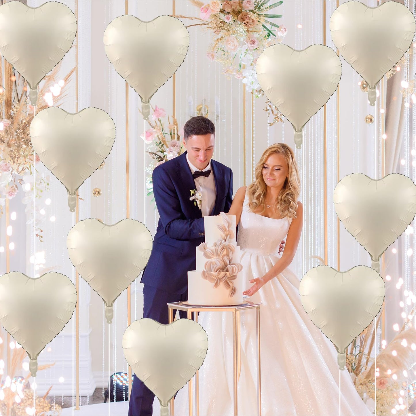 Cream Heart Balloons, 18 Inch Cream Heart Foil Balloons, 12Pcs Boho Beige Heart Shape Foil Balloon, Cream White Helium Foil Ball