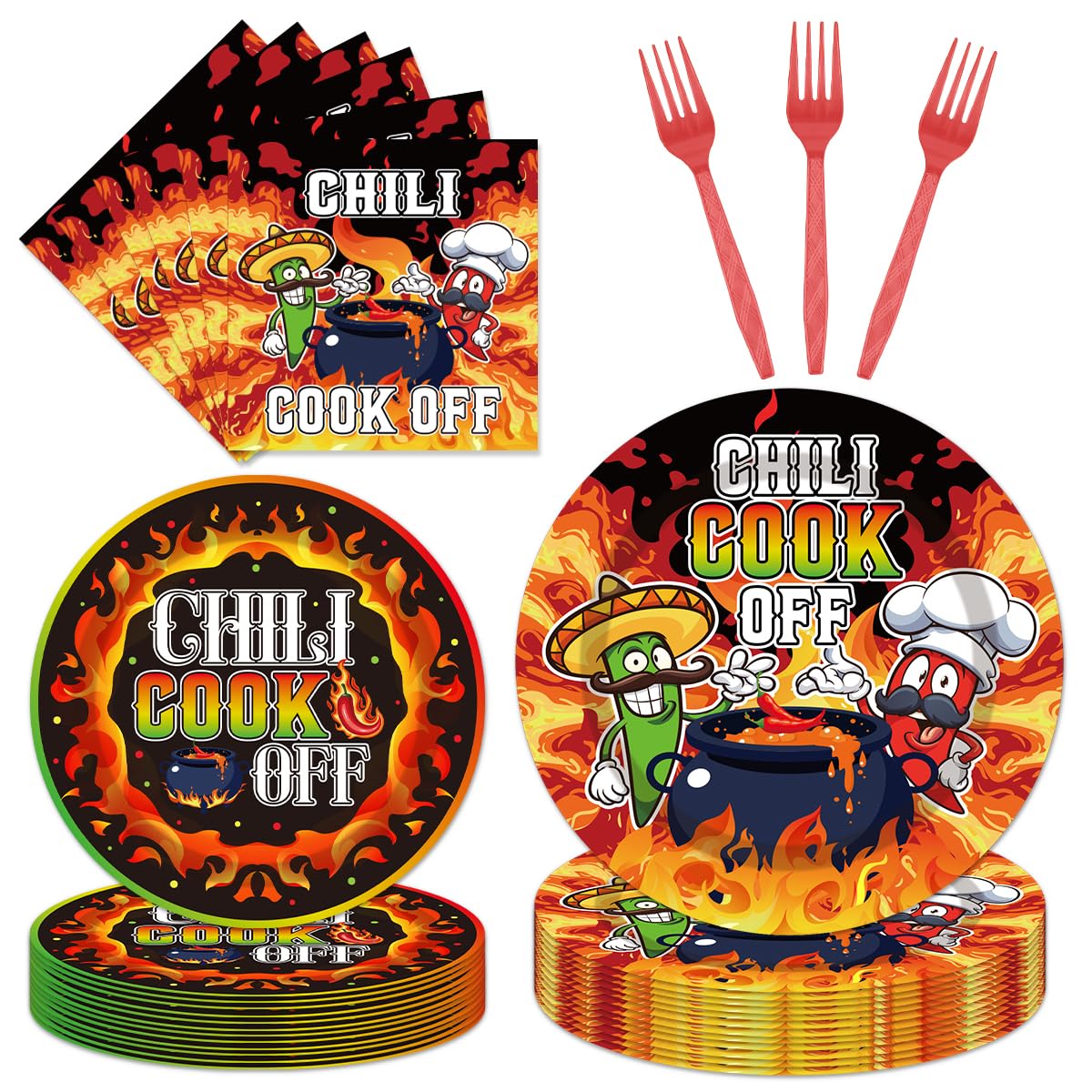 EUOYUFO 96Pcs Chili Cook Off Decorations Disposable Tableware Set - Chill Cook Off Paper Plates Napkins Forks Chili Contest Tast
