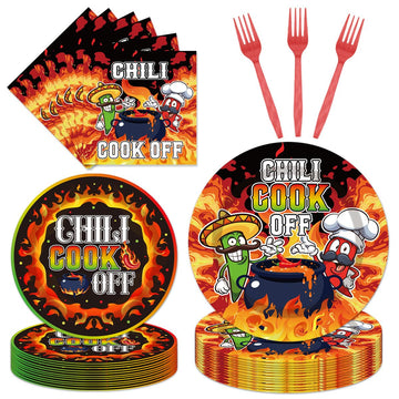 EUOYUFO 96Pcs Chili Cook Off Decorations Disposable Tableware Set - Chill Cook Off Paper Plates Napkins Forks Chili Contest Tast
