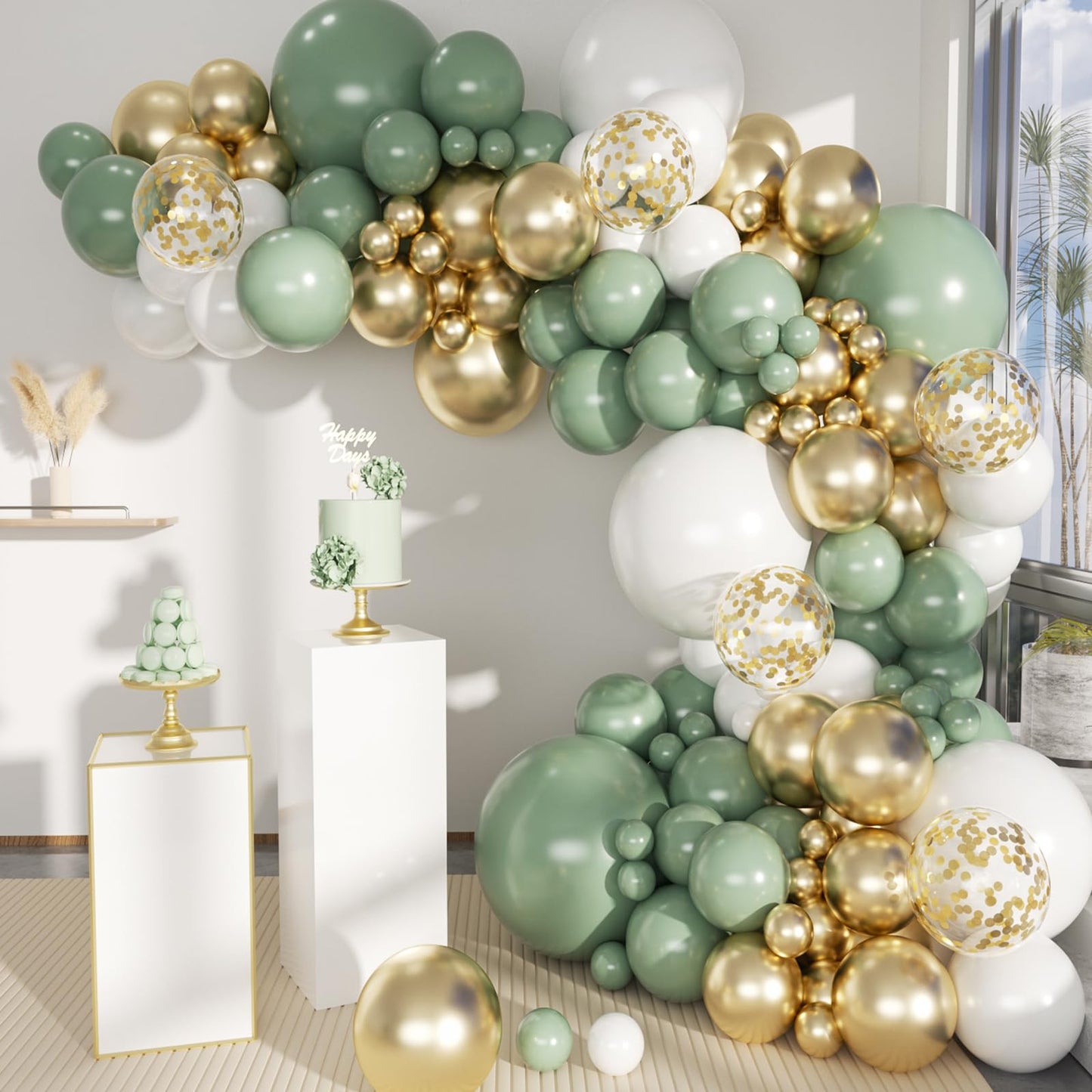 MEBAY Balloon Garland Arch Kit - 146Pcs Latex Balloons in Sage Green, White & Gold for Birthday, Baby Shower, Wedding Decorations