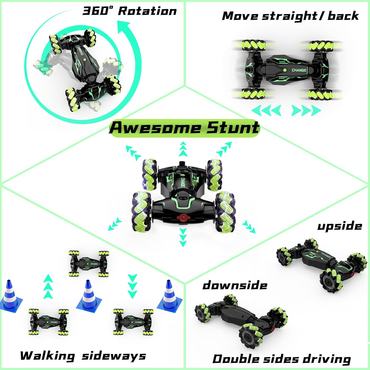 JAMIEWIN Remote Control Car Kids Toys, 4WD RC Drift Car Toy Cars,Gesture Sensing RC Stunt Car with Music Lights Sprayer,Double-S