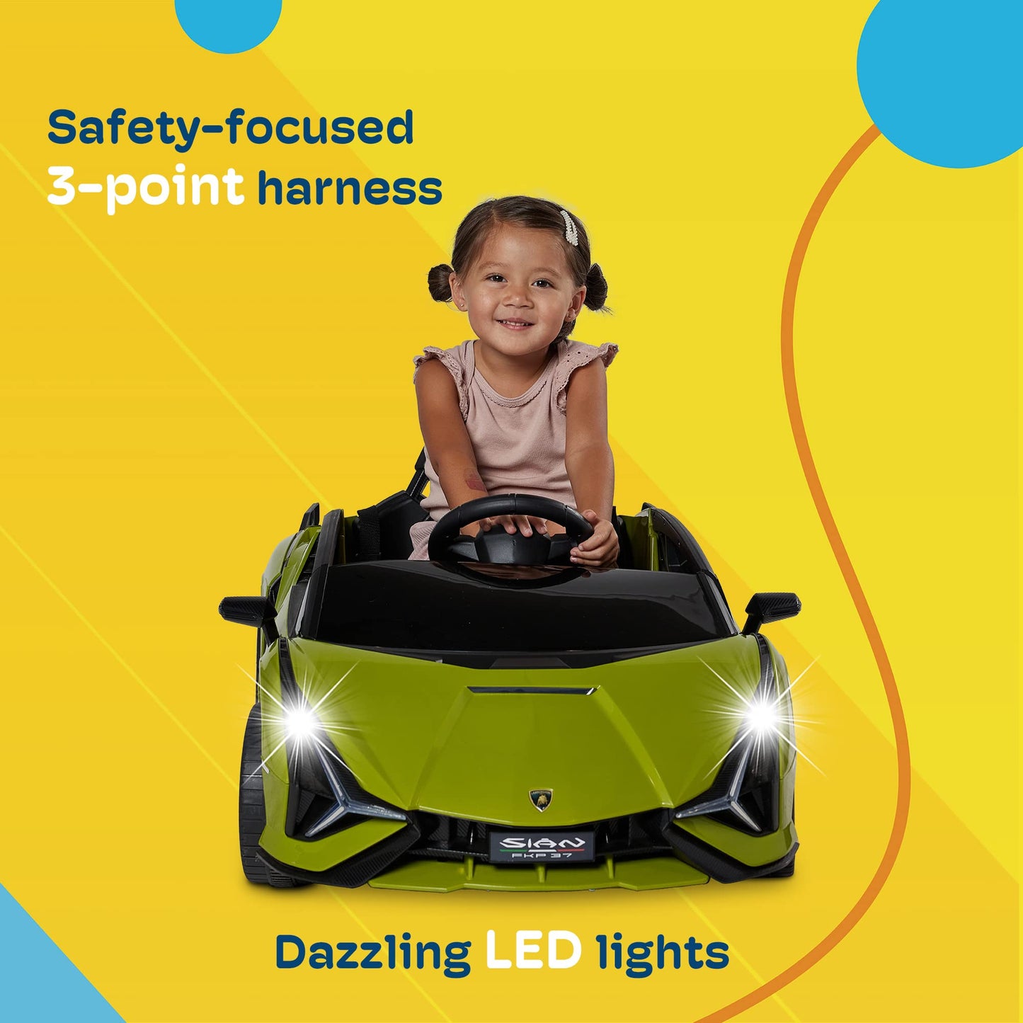 Kidzone Kids 12V Electric Ride On Licensed Lamborghini Sian Roadster Motorized Toy Car With Remote Control, Wheels Suspension, Led Lights & Music - Green With Gold Rim