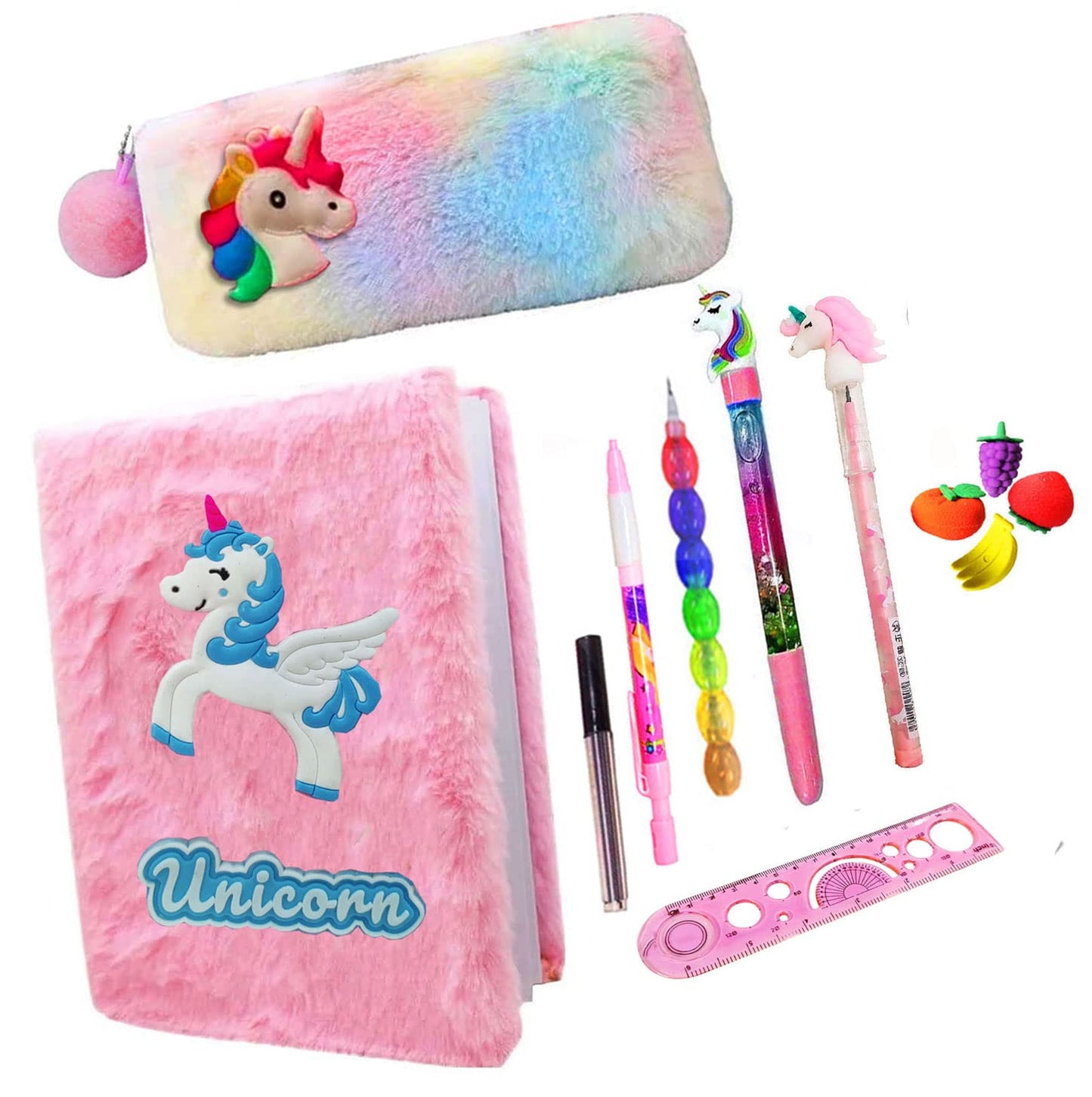 Neel Pack Of 12 Stationery Unicorn Fur Diary A5 Size With Ruled Pages, Pencil Pouch & Stationery Pen, Pencil Erasers Scale Schoo
