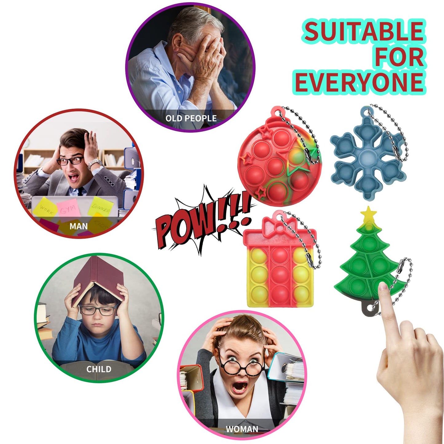 60PCS Christmas Mini Pop Keychain Fidget Toy, Mini Push Pop Bubble Fidget Sensory Toy Keychains, Christmas Pop Fidget Toys, and