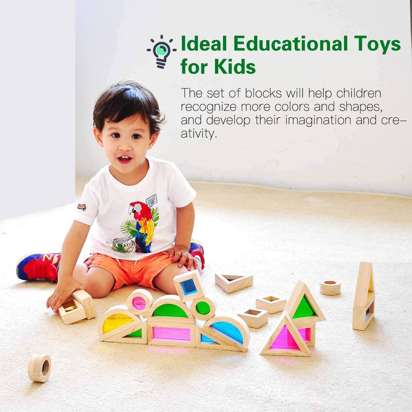 Gray Orange Wooden Building Blocks Set 24Pcs, Rainbow Sensory Toys, Preschool Stacking Toy For Kids