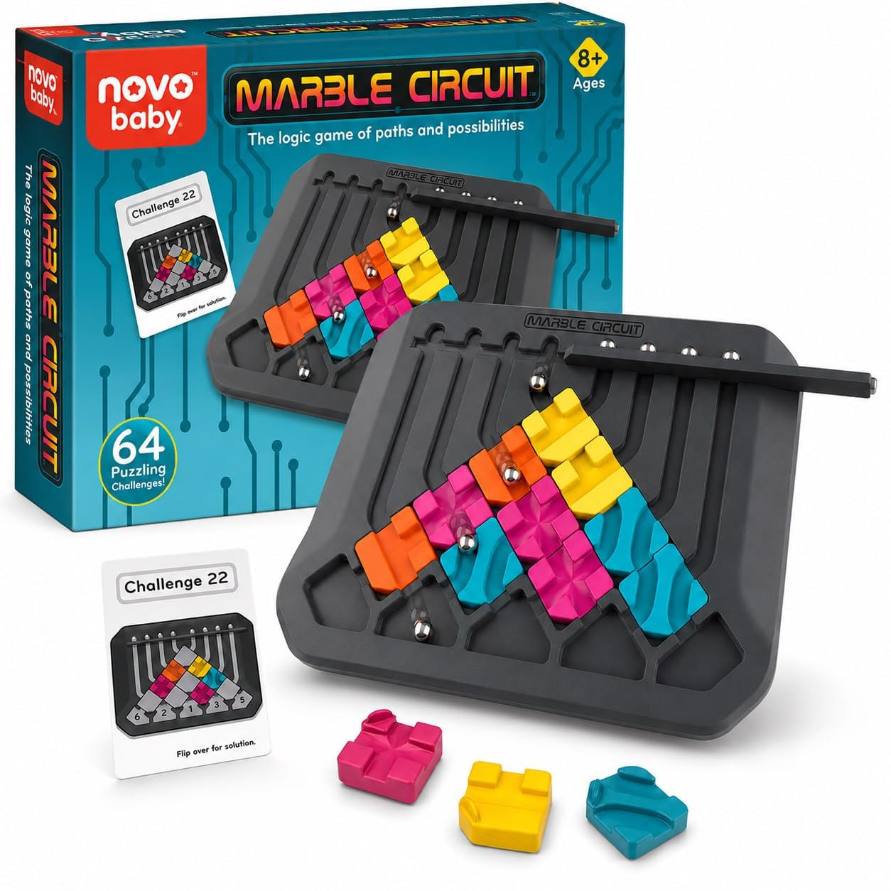 Novo Baby Marble Logic Puzzle Game For Kids 8+ Years | Stem Brain Teaser Circuit Challenge With 64 Challenge Cards & 24 Pieces |