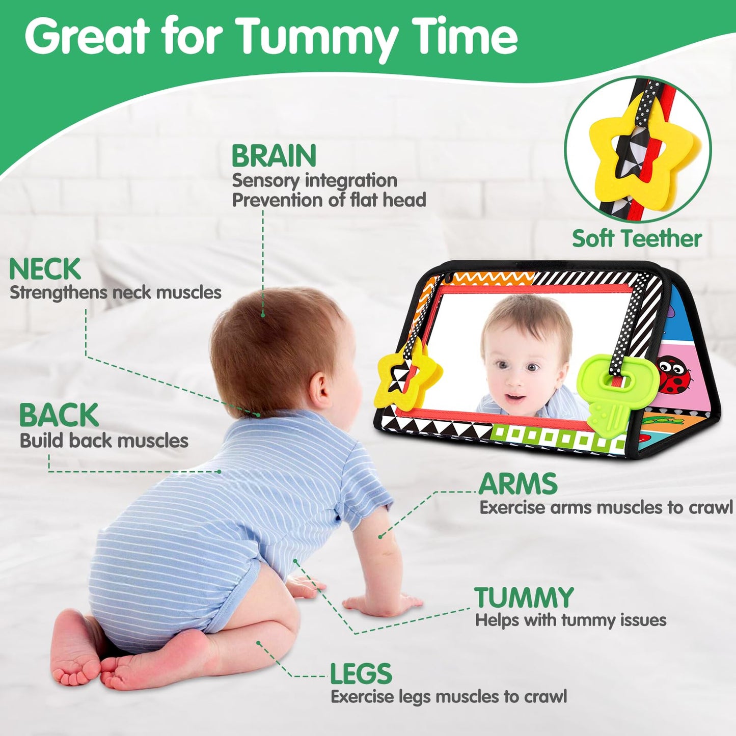 Arovan Tummy Time Baby Mirror Toy - Black & White High Contrast Infant Sensory Toy with Soft Activity Book & Teether for Newborns 0-3 Months