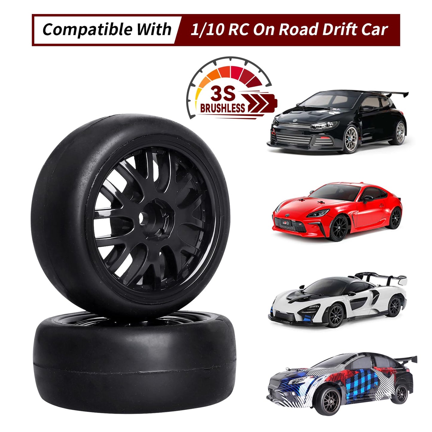CrazyHobby Pre-Glued OD 2.56'' 12mm Hex Wheels Rims & Rubber Tires 26mm for 1/10 Scale On Road Racing Car Drift RC Touring Car,