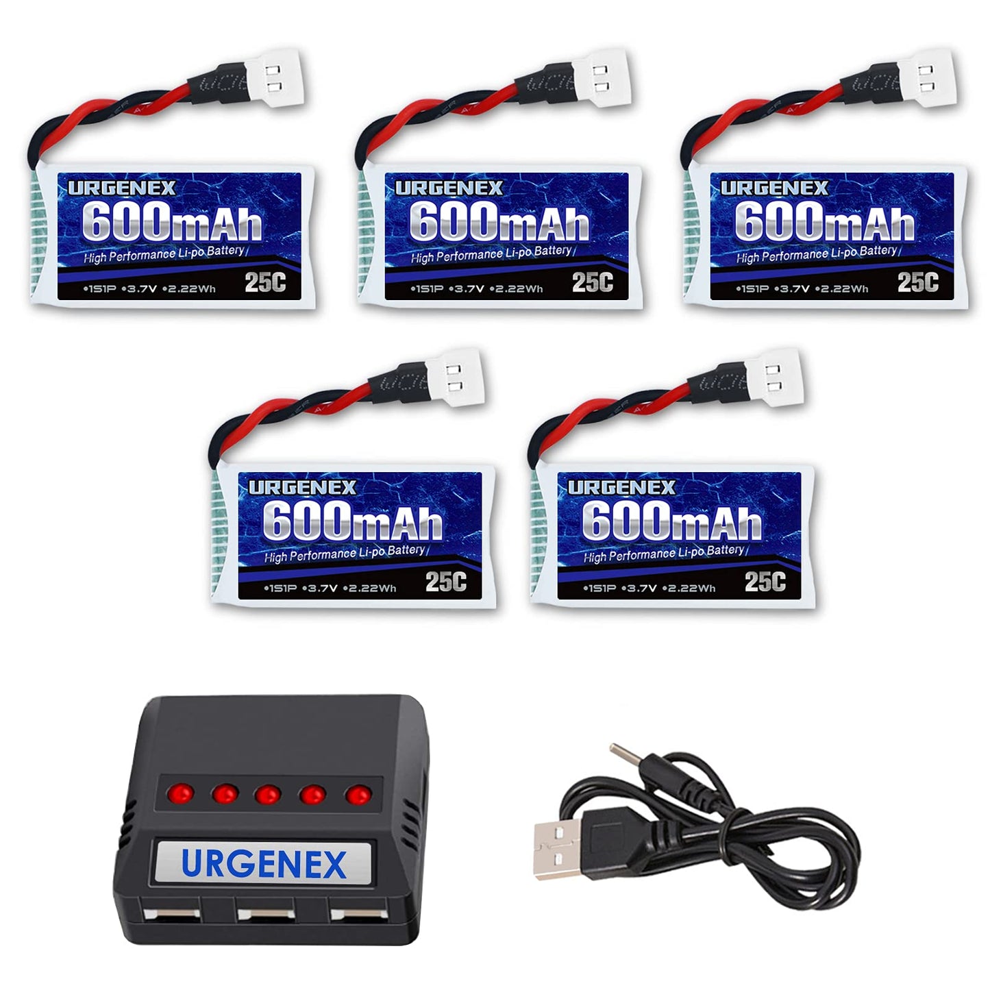 Urgenex 3.7V Lipo Battery 600Mah 1S 5Pcs Drone Battery With Molex Plug X5 Usb Battery Charger For Syma X5C X5C-1 X5 X5Sc X5Sw H5
