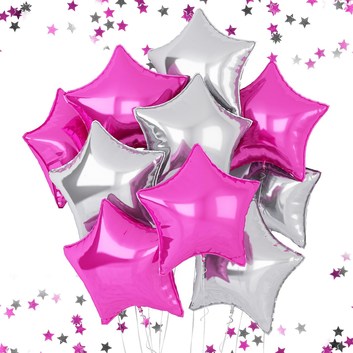 Hot Pink Star Balloons, 18 Inches Star Foil Balloons For Helium, 10 Pcs Rose Red And Silver Helium Birthday Balloons, Party Foil