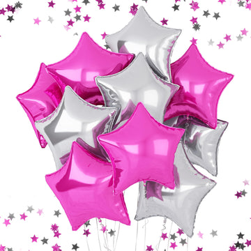 Hot Pink Star Balloons, 18 Inches Star Foil Balloons For Helium, 10 Pcs Rose Red And Silver Helium Birthday Balloons, Party Foil