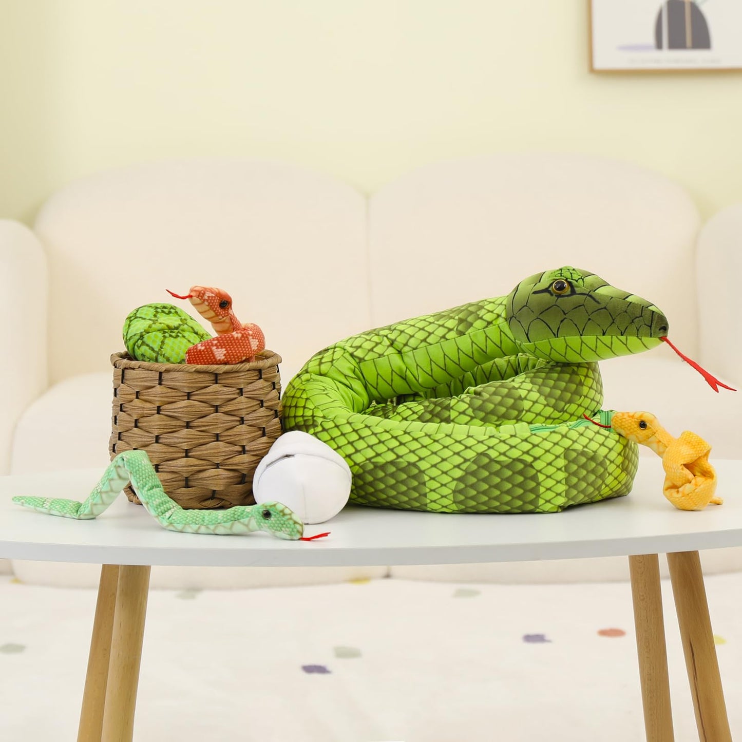 Morismos Giant Snake Stuffed Animal Mommy With Babies, Realistic Stuffed Snakes Plush Toy, 80' Long Green Boa Constrictor For Kids, Girls, Boys, Halloween, 3 Snake Babies, 2 Snake Eggs