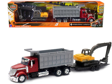 New Ray Toys Dump Truck with Excavator 1:43 Scale Diecast Model 16623, Red