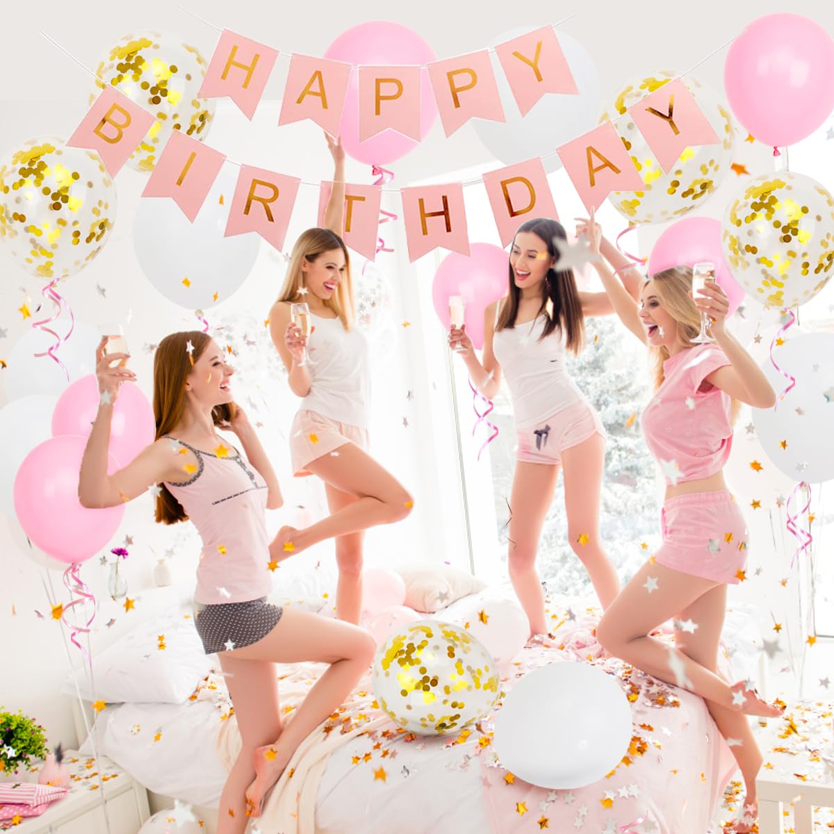 Happy Birthday Banner, Pink Birthday Decoration, 16 Pcs 12 Inch Happy Birthday Balloons With 2 Ribbons For Girl And Women Birthd