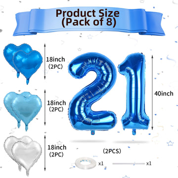 Biapian 40 Inch Blue Number 21 Balloons, 8Pcs Large Foil Number 2 & 1 Balloons With 18'' Blue Silver Heart Shape Balloon For 21S