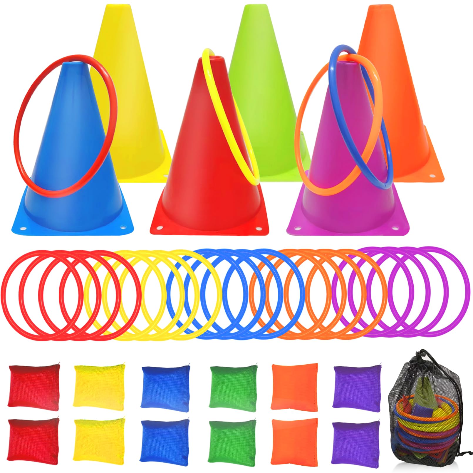 ailixinda 3 in 1 Carnival Games Set 39PCS Soft Plastic Cones Cornhole Bean Bags Ring Toss Game Carnival Combo Set Toss Games for Kids mature-themed Birthday Party Indoor Outdoor Games Supplies Yard Lawn Games