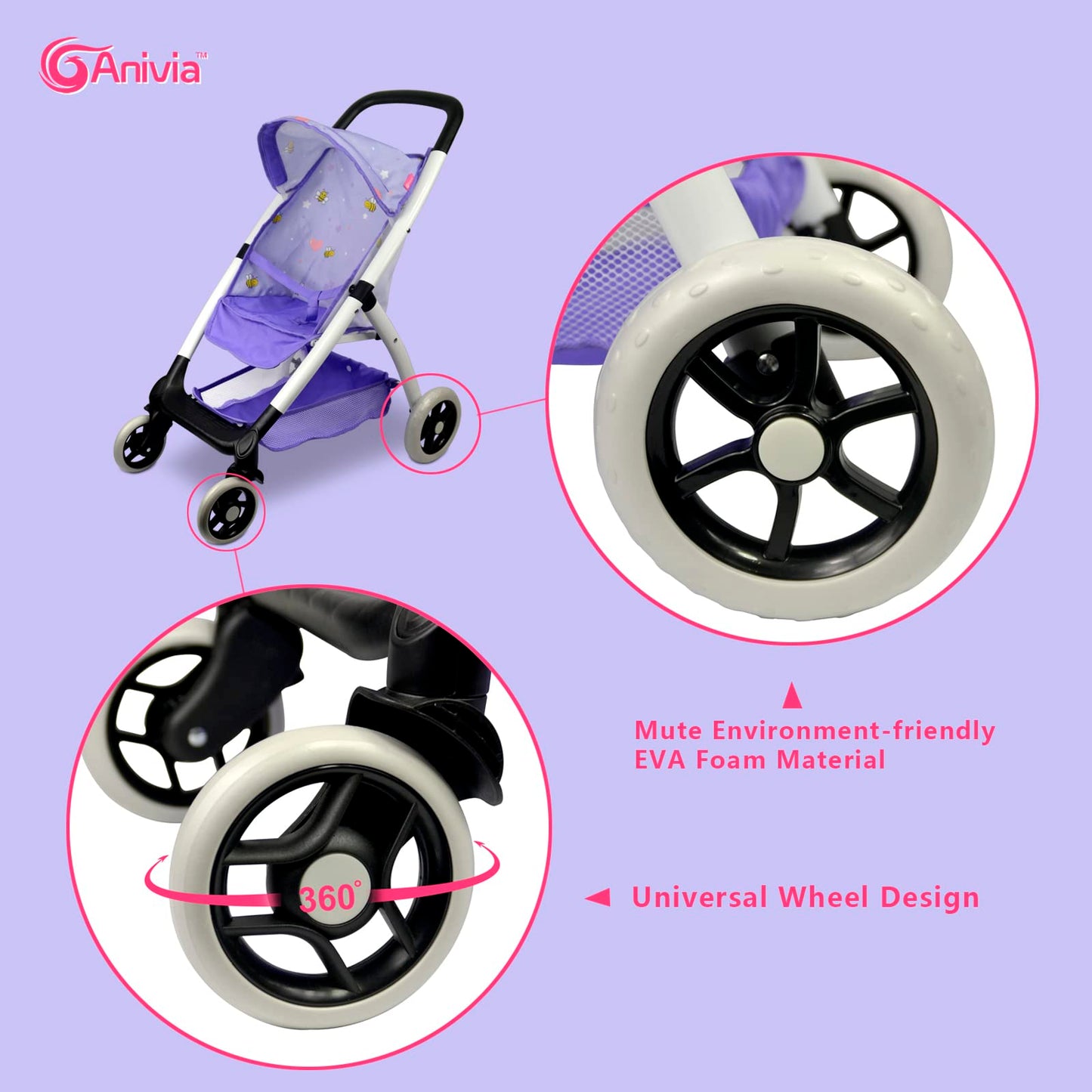 Baby Doll Stroller for 18 inches American Girl Dolls with Multi Function. (DA422-PURPLE)