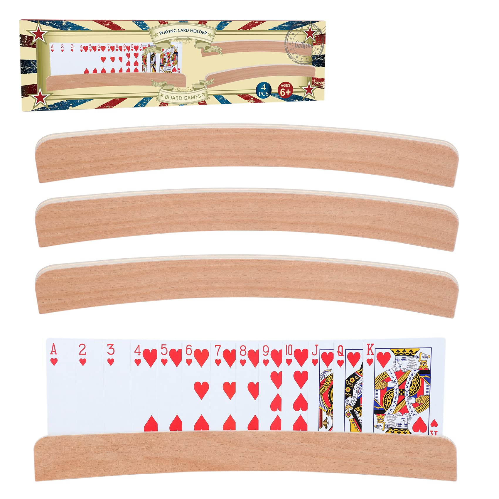 GOTHINK Set of 4 - Wood Curved Playing Card Holder for Kids mature-themed Seniors Solid Wood Cards Holders for Playing Cards 13.4 x1.4 x 0.5 Inch Non Slip Card Deck for Bridge Canasta Strategy Card Games
