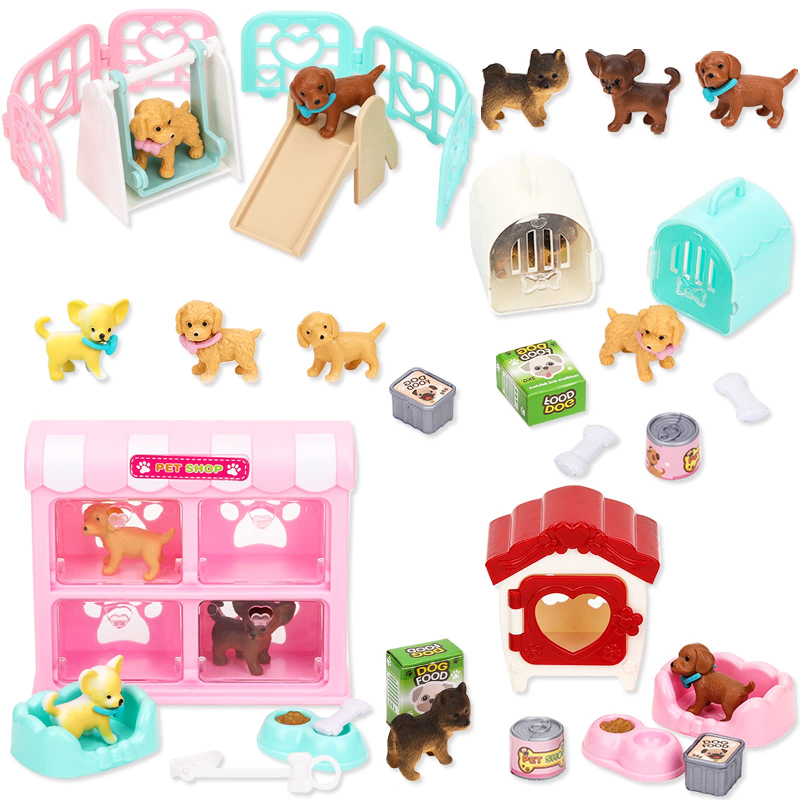 TQQFUN 32 PCS Dog Figures Play Set, Pet Care Center Pretend Play Set with Realistic Puppy Toys, Educational Gifts for Girls and 